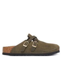 Klapki Birkenstock. Zielone klapki damskie Birkenstock, bez wzorów, bez obcasa, bez zapięcia. Za 749.99 zł.