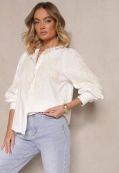 Biała Koszula z Bawełną Wiskozą i Lnem Ozdobione Haftem Zenvesin. Białe koszule damskie Renee, l, z aplikacjami, z bawełny, eleganckie, bez kołnierzyka, bez ramiączek. Za 99.99 zł.