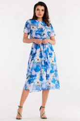 Zwiewna sukienka szyfonowa rozkloszowana w kwiaty. Sukienki damskie Awama, na co dzień, na lato, l, bez wzorów, z materiału, eleganckie, bez kołnierzyka, bez ramiączek, midi, dopasowane. Za 289.00 zł.