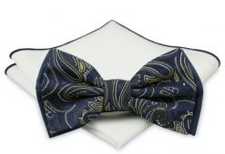 Mucha z poszetką - Chattier, Męska - Granatowa w Orientalne Wzory. Niebieskie krawaty i muchy Chattier, bez wzorów, eleganckie. Za 59.00 zł.