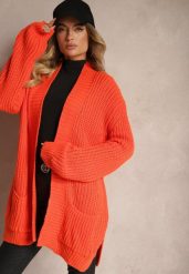 Pomarańczowy Kardigan z Kieszeniami Niezapinany Parika. Brązowe kardigany damskie Renee, s, bez wzorów, z jeansu, eleganckie, bez kołnierzyka. Za 109.99 zł.