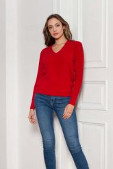 Sweter w Serek z Dzianiny w Prążek - Czerwony. Czerwone swetry nierozpinane damskie Lanti, l, bez wzorów, z dzianiny, bez kołnierzyka, bez ramiączek. Za 229.90 zł.