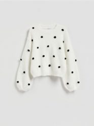 Sweter w kropki - wielobarwny. Swetry nierozpinane damskie Reserved, l, bez wzorów, z dzianiny, bez kołnierzyka, bez ramiączek. Za 139.99 zł.