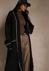 Czarny Niezapinany Kardigan o Długim Kroju z Lamówką Venisse. Czarne kardigany damskie Renee, bez wzorów, z jeansu, klasyczne, bez kołnierzyka. Za 109.99 zł.