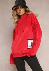 Czerwona Bluza z Polarem i Haftami na Rękawach Janakame. Czerwone bluzy damskie Renee, na jesień, xl, bez wzorów, z bawełny, bez ramiączek, z kapturem. Za 79.99 zł.