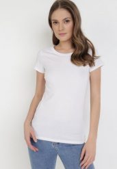Biały T-shirt Gathanthei. Białe t-shirty damskie Born2be, l, bez wzorów, z bawełny, klasyczne, bez kołnierzyka, bez ramiączek. Za 29.99 zł.