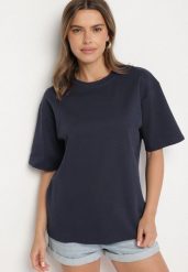 Granatowy Bawełniany Klasyczny T-shirt Merovira. Niebieskie t-shirty damskie Born2be, bez wzorów, z bawełny, klasyczne, bez kołnierzyka, bez ramiączek. Za 64.99 zł.