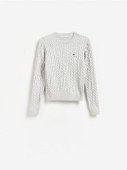 Sweter z haftem - jasnoszary. Szare swetry nierozpinane damskie Reserved, l, bez wzorów, z dzianiny, bez kołnierzyka, bez ramiączek. Za 119.99 zł.