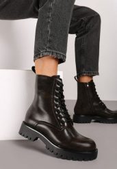 Brązowe Płaskie Sznurowane Botki w Stylu Workerów Lotirra. Brązowe botki damskie Renee, bez wzorów, z jeansu, eleganckie, bez obcasa, na obcasie, bez zapięcia. Za 119.99 zł.