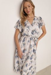 Niebieska Romantyczna Sukienka Kopertowa z Wiązanym Paskiem i Brokatem Yael. Niebieskie sukienki damskie Born2be, do pracy, l, bez wzorów, biznesowe, bez kołnierzyka, bez ramiączek, midi, dopasowane. Za 119.99 zł.