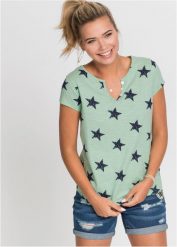 Bawełniany T-shirt we wzór w gwiazdki. Niebieskie t-shirty damskie bonprix, bez wzorów, z bawełny, bez kołnierzyka, bez ramiączek. Za 64.99 zł.