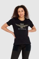 AERONAUTICA MILITARE Czarny t-shirt damski z orłem wykonanym z dżetów. Czarne t-shirty damskie Aeronautica Militare, s, bez wzorów, z bawełny, bez kołnierzyka, bez ramiączek. W wyprzedaży za 259.99 zł.