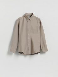 Koszula regular fit z lyocellem - beżowy. Brązowe koszule męskie Reserved, l, bez wzorów, z bawełny, bez kołnierzyka, bez ramiączek. Za 139.99 zł.