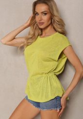 Jasnozielony Top z Regulacją w Talii i Wiązaniem na Dole z Rozcięciem na Plecach Tiimaelin. Zielone topy damskie Renee, l, bez wzorów, z jeansu, eleganckie, bez kołnierzyka, bez ramiączek. Za 49.99 zł.
