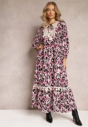 Fuksjowa Sukienka Rozkloszowana Maxi z Falbanką Maruerilla. Czerwone sukienki damskie Renee, l, bez wzorów, z materiału, bez kołnierzyka, bez ramiączek, maxi, rozkloszowane. Za 119.99 zł.