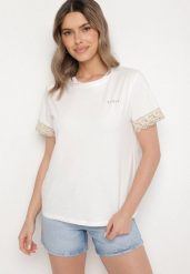 Biały T-shirt z Bawełny Zdobiony Koronką z Cekinami Pollea. Białe t-shirty damskie Born2be, m, z aplikacjami, z bawełny, klasyczne, bez kołnierzyka, bez ramiączek. Za 49.99 zł.