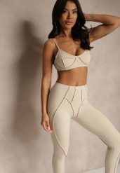 Beżowy Komplet Sportowy Zdobiony Przeszyciami Legginsy i Top Filaranea. Brązowe legginsy damskie Renee, m, z aplikacjami, z jeansu, na fitness i siłownię. Za 89.99 zł.
