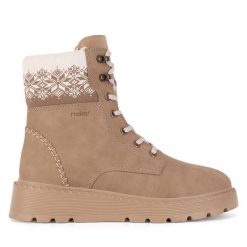 Trzewiki Rieker. Brązowe botki damskie Rieker, bez wzorów, bez obcasa, na płaskiej podeszwie, bez zapięcia. Za 351.00 zł.