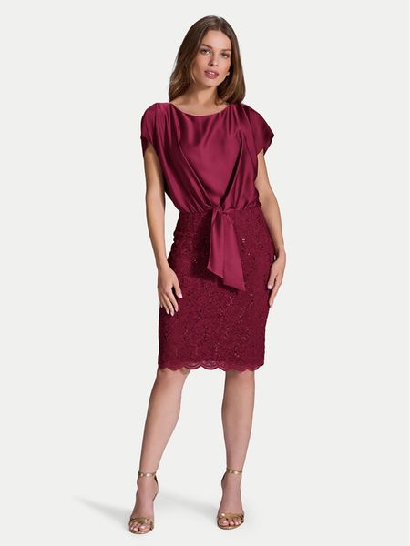 Swing Sukienka koktajlowa 5AI10900 Bordowy Regular Fit. Czerwone sukienki damskie Swing, bez wzorów, z syntetyku, wizytowe, bez kołnierzyka, bez ramiączek. Za 359.99 zł.