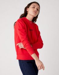 DAMSKA BLUZA WRANGLER HIGH RIB REGULAR LOLLIPOP RED W6P7HAXSK 112130831. Czerwone bluzy damskie Wrangler, s, bez wzorów, bez ramiączek, bez kaptura. Za 129.99 zł.