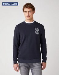 MĘSKA BLUZA WRANGLER GRAPHIC CREW DARK NAVY W6E2HAXAE 112130727. Niebieskie bluzy męskie Wrangler, m, bez wzorów, bez ramiączek, bez kaptura. Za 149.99 zł.
