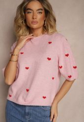 Różowa Bluzka z Dzianiny z Wiskozą we Wzór z Serduszkami Dortewia. Czerwone bluzki damskie Renee, uniwersalny, bez wzorów, z dzianiny, eleganckie, bez kołnierzyka, bez ramiączek. Za 119.99 zł.