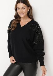 Czarny Sweter w Stylu Nietoperza z Cyrkoniami i Cekinami Nevalithia. Czarne swetry nierozpinane damskie Born2be, bez wzorów, wizytowe, bez kołnierzyka, bez ramiączek. Za 129.99 zł.