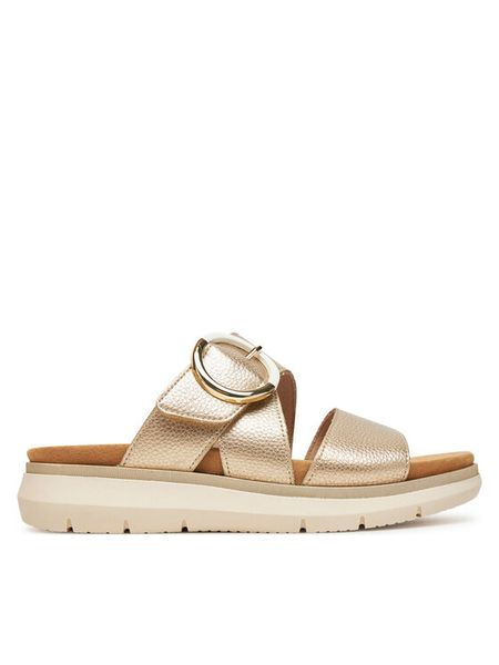 Remonte Klapki D2K51-90 Złoty. Żółte klapki damskie Remonte, bez wzorów, ze skóry, bez obcasa, bez zapięcia. Za 359.99 zł.