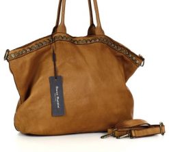 Shopper kamelowy Marco Mazzini v95c. Brązowe shopperki damskie bez wzorów, z jeansu, na ramię, duże, bez dodatków. Za 569.05 zł.