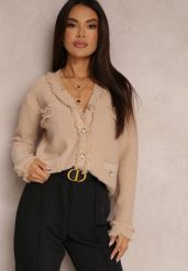 Beżowy Kardigan Zapinany z Wiskozy Asabe. Brązowe kardigany damskie Renee, z aplikacjami, z bawełny, biznesowe, bez kołnierzyka. Za 129.99 zł.