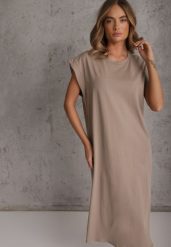 Ciemnobeżowa Sukienka T-shirtowa z Krótkimi Szerokimi Rękawami Arisea. Brązowe sukienki damskie Renee, do pracy, na lato, bez wzorów, biznesowe, bez kołnierzyka, bez ramiączek, midi. Za 89.99 zł.
