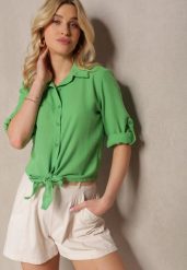 Zielona Koszula z Rękawami z Możliwością Podpięcia Wiązana na Dole Zapinana na Guziki Sanesria. Zielone koszule damskie Renee, l, bez wzorów, z jeansu, eleganckie, bez kołnierzyka, bez ramiączek. Za 84.99 zł.