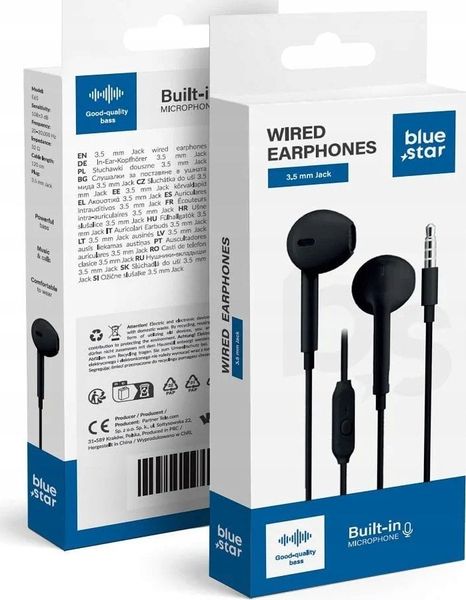 BLUE STAR słuchawki przewodowe Jack 3,5 mm z mikrofonem PA-E65 1,2 m czarne. Czarne słuchawki douszne BlueStar. Za 9.59 zł.