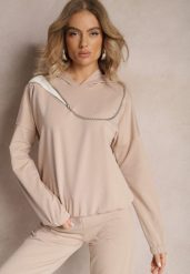 Beżowa Asymetryczna Bluza z Bawełny z Kapturem i Ozdobnym Suwakiem Lueur. Brązowe bluzy damskie Renee, bez wzorów, z bawełny, casualowe, bez ramiączek, z kapturem. Za 79.99 zł.