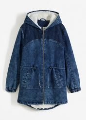 Parka dżinsowa z polarem barankiem. Niebieskie parki damskie bonprix, bez wzorów, z polaru, bez kaptura. Za 359.99 zł.