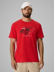 4F T-shirt regular z nadrukiem męski - czerwony L. Czerwone t-shirty męskie 4F, l, bez wzorów, z bawełny, bez kołnierzyka, bez ramiączek. Za 69.99 zł.