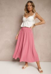 Różowe Spodnie Typu Kuloty High Waist o Szerokim Kroju z Marszczeniem Araliannis. Czerwone spodnie materiałowe damskie Renee, bez wzorów, z jeansu, eleganckie, z podwyższonym stanem. Za 44.99 zł.