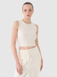 4F Crop top dzianinowy damski - biały XS. Białe topy damskie 4F, xs, bez wzorów, z bawełny, sportowe, bez kołnierzyka, bez ramiączek. W wyprzedaży za 19.99 zł.
