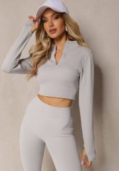 Jasnoszara Elastyczna Bluzka na Suwak z Wycięciem przy Ściągaczu Denalla. Szare bluzki damskie Renee, bez wzorów, bez kołnierzyka, bez ramiączek. Za 34.99 zł.