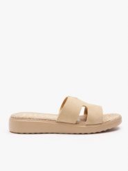 Piaskowe klapki H na grubszym spodzie. Brązowe klapki damskie Ryłko, na lato, bez wzorów, ze skóry, bez obcasa, na płaskiej podeszwie, bez zapięcia. Za 249.99 zł.