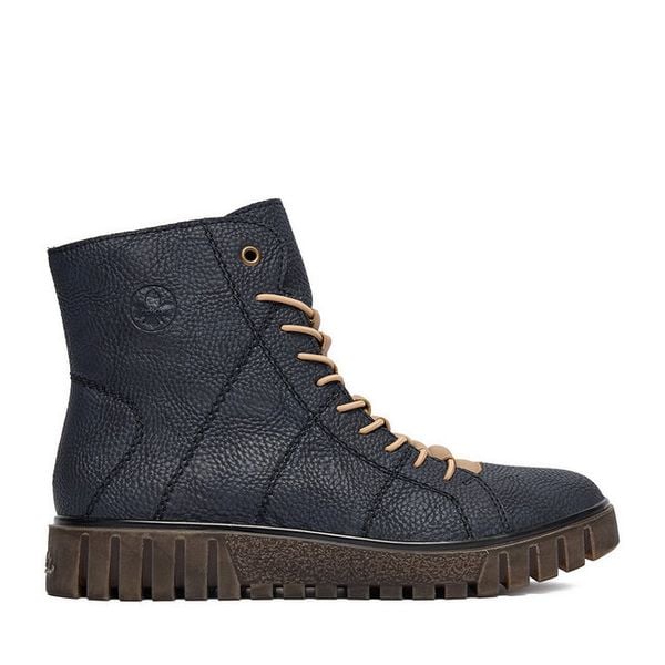 Trzewiki Rieker. Niebieskie botki damskie Rieker, bez wzorów, bez obcasa, na płaskiej podeszwie, bez zapięcia. Za 269.99 zł.