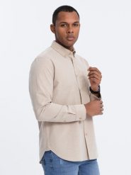 Koszula męska bawełniana REGULAR FIT z kieszenią - beżowy V1 OM-SHOS-0153 - S. Brązowe koszule męskie Ombre Clothing, m, bez wzorów, z bawełny, klasyczne, bez kołnierzyka, bez ramiączek. Za 55.19 zł.