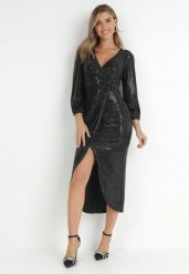 Czarna Sukienka Kopertowa z Cekinami adicy. Czarne sukienki damskie Born2be, m, bez wzorów, bez kołnierzyka, bez ramiączek, midi, kopertowe. Za 179.99 zł.
