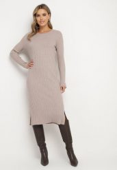 Beżowa Sukienka Sweterkowa z Wiskozą Ozdobiona z Boku Rozcięciami Ninnoriel. Brązowe sukienki damskie Born2be, na co dzień, s, bez wzorów, z wiskozy, eleganckie, bez kołnierzyka, bez ramiączek, midi, proste. Za 84.99 zł.