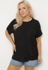 Czarny T-shirt z Bawełną i Ażurowym Wzorem Puzira. Czarne t-shirty damskie Born2be, s, w ażurowe wzory, z bawełny, eleganckie, bez kołnierzyka, bez ramiączek. Za 49.99 zł.