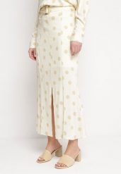 Jasnobeżowa Spódnica Midi w Kropki z Paskiem w Komplecie Mivema. Brązowe spódnice damskie Born2be, l, bez wzorów, z materiału, eleganckie, midi. Za 84.99 zł.