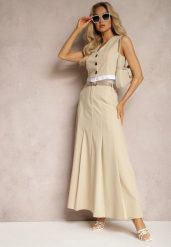 Beżowa Spódnica Długa Rozkloszowana High Waist Leoraia. Brązowe spódnice damskie Renee, do pracy, m, bez wzorów, biznesowe, z podwyższonym stanem, maxi, rozkloszowane. Za 109.99 zł.