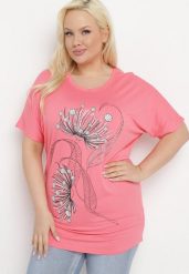 Różowy T-shirt z Ozdobnym Nadrukiem i Cyrkoniami Colilena. Czerwone t-shirty damskie Born2be, uniwersalny, bez wzorów, eleganckie, bez kołnierzyka, bez ramiączek. Za 39.99 zł.