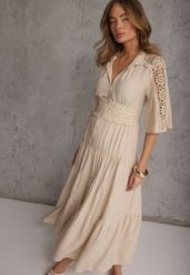 Beżowa Boho Sukienka z Wiskozą o Rozkloszowanym Kroju z Ażurowymi Wstawkami Idacea. Brązowe sukienki damskie Renee, na co dzień, l, w ażurowe wzory, z materiału, boho, bez kołnierzyka, bez ramiączek, maxi, proste. Za 179.99 zł.