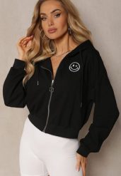 Czarna Bluza Rozpinana z Wyszytą Emotką i Kapturem Cornoria. Czarne bluzy damskie Renee, l, bez wzorów, z dzianiny, bez ramiączek. Za 59.99 zł.